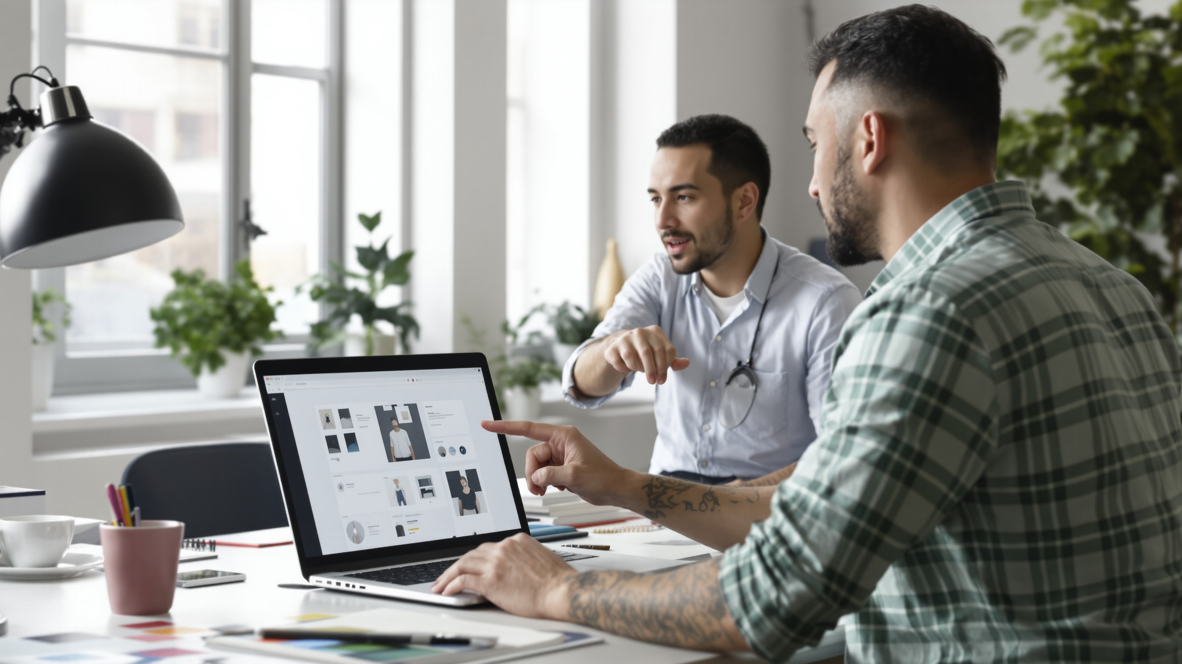 A modern creative office scene, two designers collaborating on a project. One is showing design sketches on a laptop, the other giving feedback while pointing to the screen. Bright, minimalist studio environment, natural light, clean desk with color swatches and notebooks.