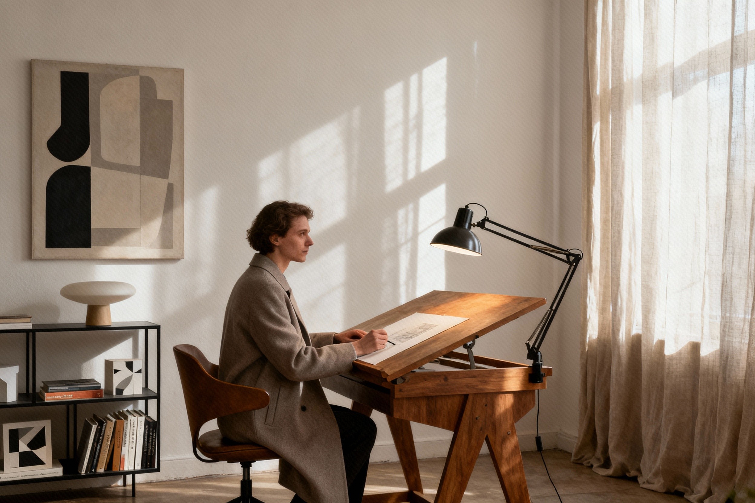 A graphic designer in a minimalist, timeless studio