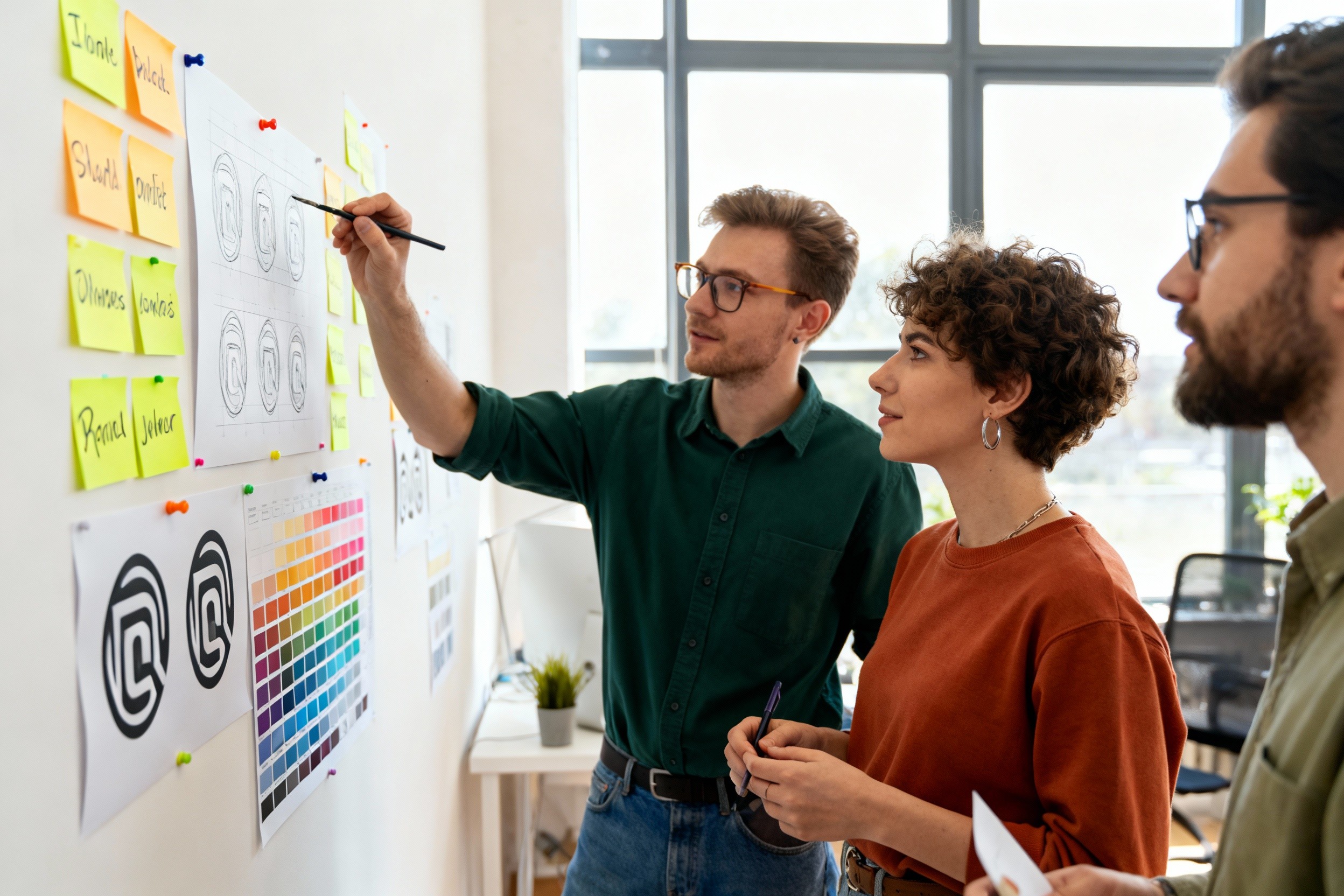 A group of Central European creative graphic designers brainstorming brand names in a bright